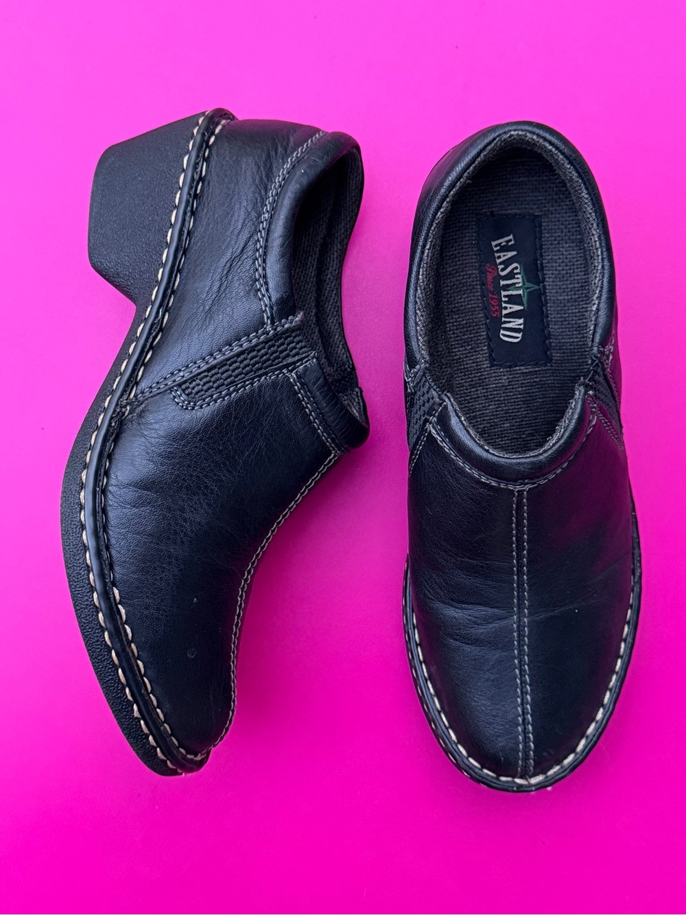 Eastland Amore Black Leather Slip On Clogs Comfort Shoes Low Wedge Mules Size 7